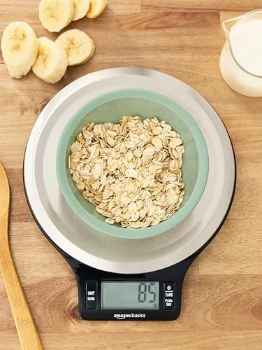 Amazon Basics Digital Kitchen Scale with LCD Display, Tare Function, Multiple Units, Weighs up to 11 Pounds, Batteries Included, Black and Stainless