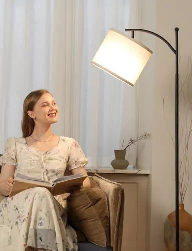 Ambimall Tall Floor Lamps with 3 Color Temperatures Bulb & Adjustable Linen Shade, for Living Room, Bedroom, Office, Classroom, Dorm Room (9W Bulb