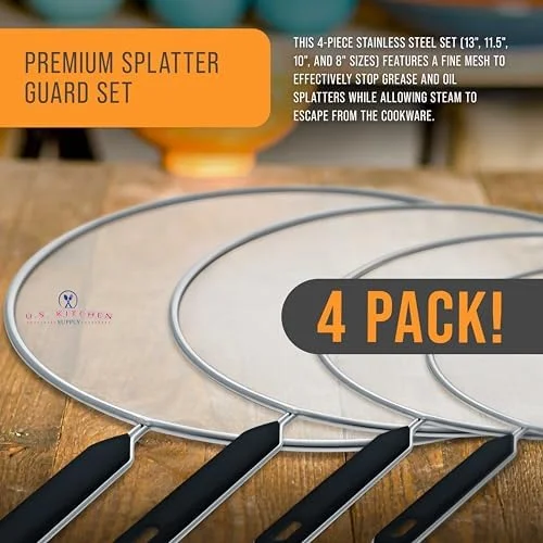 U.S. Kitchen Supply 4-Piece Stainless Steel Splatter Guard Set (13" - 11.5", 10", 8”) Fine Mesh Cover, Grease & Oil, Splatter Screen for Frying Pan