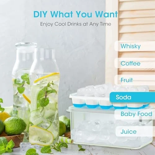DOQAUS Ice Cube Tray with Lid and Bin - 4 Pack Silicone Ice Cube Trays for Freezer - Stackable Ice Bucket Kits with Storage Container & Scoop for