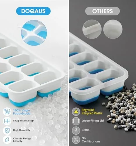 DOQAUS Ice Cube Tray with Lid and Bin - 4 Pack Silicone Ice Cube Trays for Freezer - Stackable Ice Bucket Kits with Storage Container & Scoop for