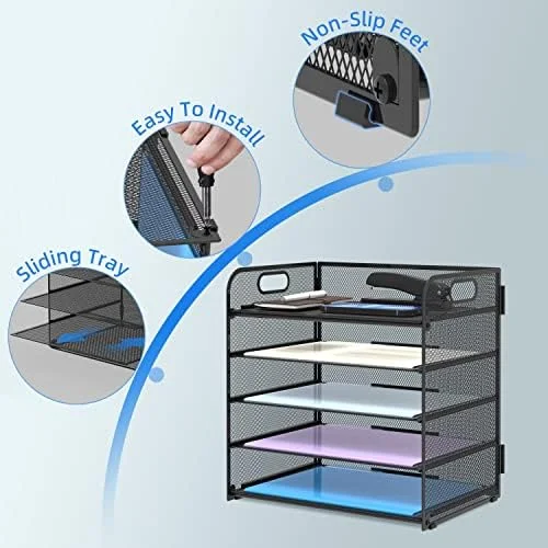 Supeasy 5 Trays Paper Organizer Letter Tray with Handle-Mesh Desk File Holders - Paper Sorter Desk Organizer for Office, Home, Classroom or School
