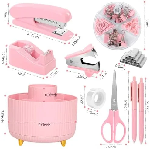 SKYDUE Pink Desk Accessories 10Pcs, Rotating Pen Holder for Desk, Stapler, Staple Remover, Tape Dispenser, 2pcs Tape Refills, Binder Paper Clips Kit