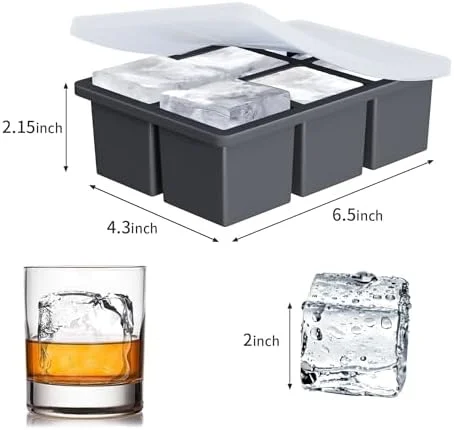 Large Ice Cube Tray for Whiskey: FDDBI Silicone Ice Cube Trays with Lid - 2Pack Big Square Old Fashioned Ice Cube Maker for Cocktail - 2inch Huge