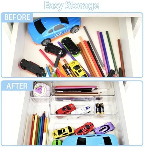 Manalete Drawer Organizers Set of 15, 4 Sizes Clear Plastic Drawer Organizers and Storage Bins for Kitchen, Bathroom, Office, Dresser Desk Drawer