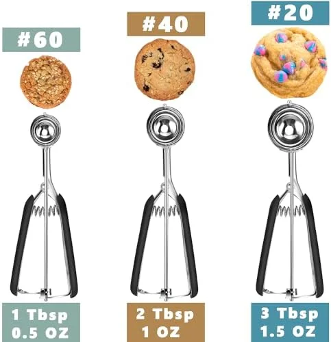 HOMURE H Cookie Scoop Set - Include 1 Tbsp/2 Tbsp/3 Tbsp, Cookie Dough Scoop, Cookie Scoops for Baking Set of 3, 18/8 Stainless Steel, Good Grip