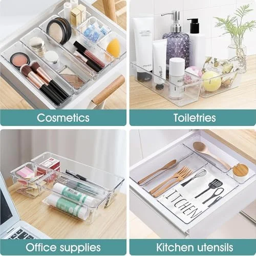 WOWBOX 25 PCS Clear Plastic Drawer Organizer Set, 4 Sizes Desk Drawer Divider Organizers and Storage Bins for Makeup, Jewelry, Gadgets for Kitchen