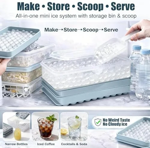 WIBIMEN Mini Ice Cube Trays, 0.55” Tiny Pebble Ice for Iced Coffee & Cocktails, Fast Chill, Easy Twist Release, Stackable with Lid & Storage Bin (2