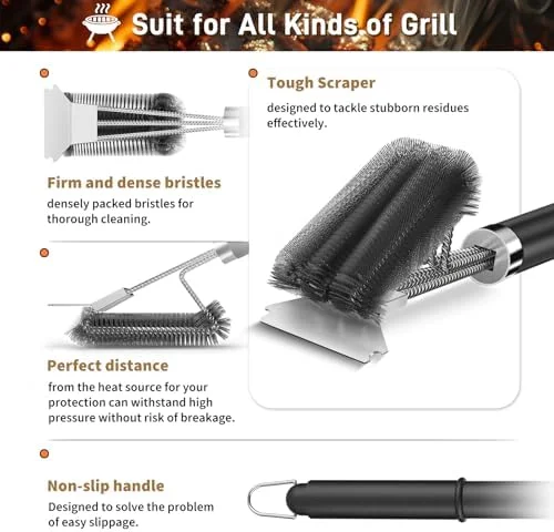 TNTOR Grill Brush with Scraper, 18" Adjustable Handle BBQ Grill Brush for Outdoor Grill, Extra Strong Grill Cleaner Accessories for