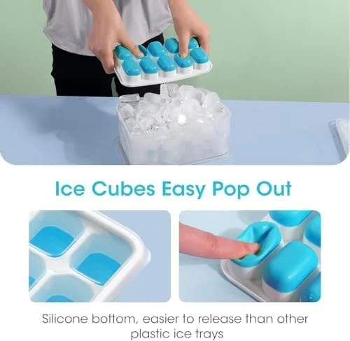 DOQAUS Ice Cube Tray with Lid and Bin - 4 Pack Silicone Ice Cube Trays for Freezer - Stackable Ice Bucket Kits with Storage Container & Scoop for