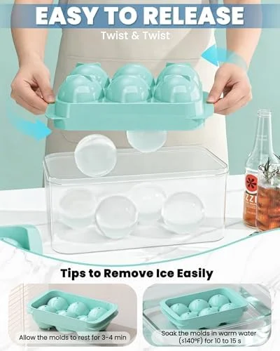 Large Ice Cube Tray for Freezer - 2 Pack Stackable Round Ice Cube Molds Set, Easy to Fill & Release with Storage Bin and Tongs for Kitchen, Party
