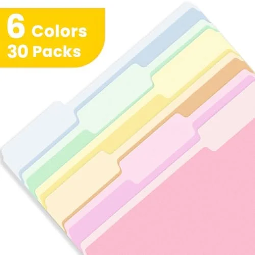 SUNEE File Folders - 30 Pack Manilla Folders 8.5 x 11, Colored File Folders Home Office School Supplies for Documents Files Paper, 6 Bright Colors
