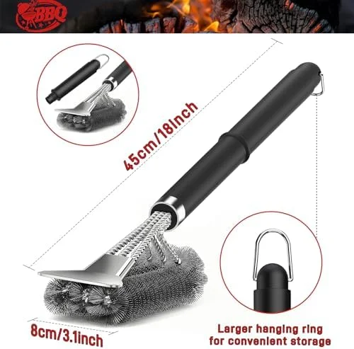 TNTOR Grill Brush with Scraper, 18" Adjustable Handle BBQ Grill Brush for Outdoor Grill, Extra Strong Grill Cleaner Accessories for