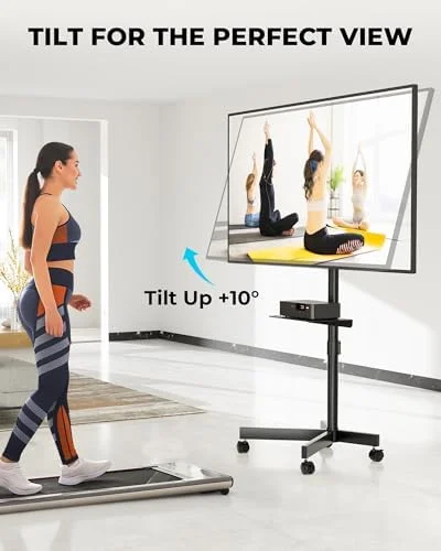 BONTEC Rolling TV Stand with Tilt, Mobile TV Stand Wheels for 23–65 Inch LED LCD TVs, Portable TV Cart with Adjustable Shelf for Living Room