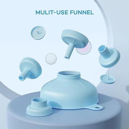 Pisol Wide Mouth Versatile Funnel, Canning Funnels for Kitchen Use, Food Grade Plastic Cooking Funnel Set with 4 Size Spouts and 2 Strainers for