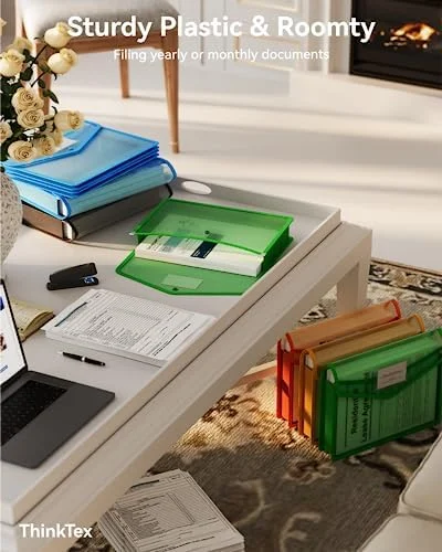 ThinkTex Plastic Expanding File Folder - Transparent Envelopes with Snap Closure, No Dividers, Large Capacity, Assorted Colors, Fits Letter, A4 Size