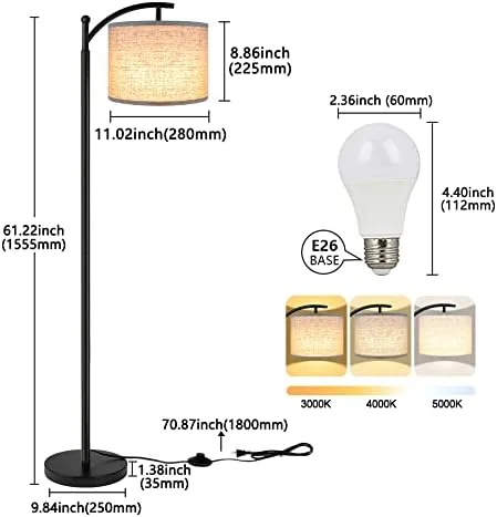 ROTTOGOON Floor Lamp for Living Room with 3 Color Temperatures LED Bulb, Standing Lamp Tall Industrial Floor Lamp Reading for Bedroom, Office (9W LED