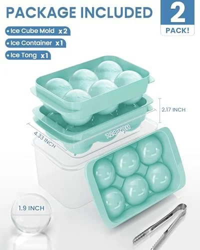 Large Ice Cube Tray for Freezer - 2 Pack Stackable Round Ice Cube Molds Set, Easy to Fill & Release with Storage Bin and Tongs for Kitchen, Party