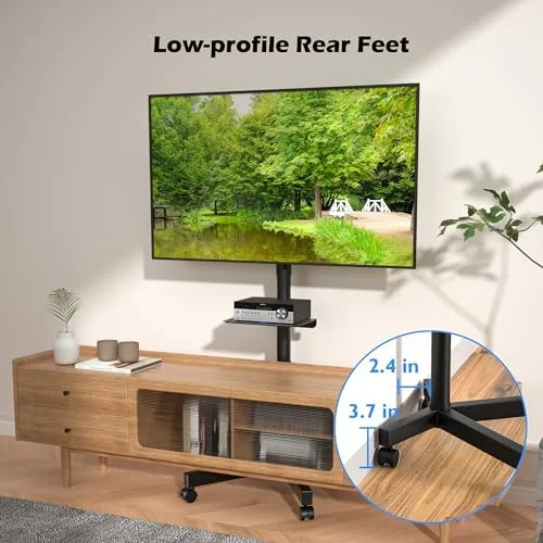 BONTEC Rolling TV Stand with Tilt, Mobile TV Stand Wheels for 23–65 Inch LED LCD TVs, Portable TV Cart with Adjustable Shelf for Living Room