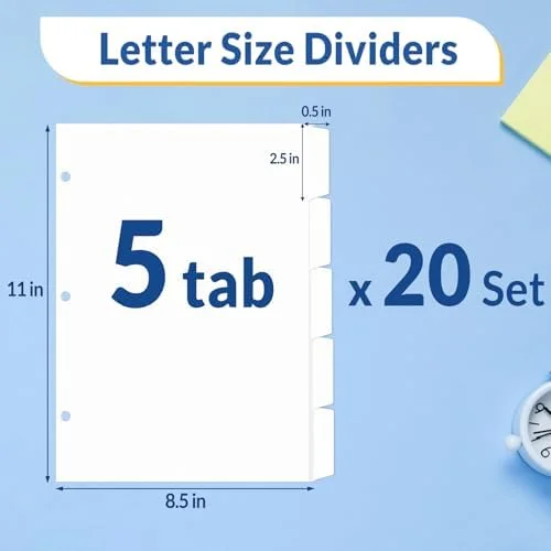SUNEE Binder Dividers with Tabs for 3 Ring Binder, 8.5 x 11 Paper White Binder Dividers Blank with 5 Tabs, 20 Sets Page Dividers for School, Office