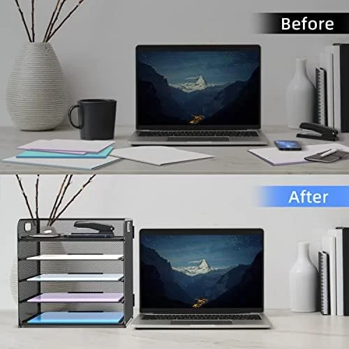 Supeasy 5 Trays Paper Organizer Letter Tray with Handle-Mesh Desk File Holders - Paper Sorter Desk Organizer for Office, Home, Classroom or School