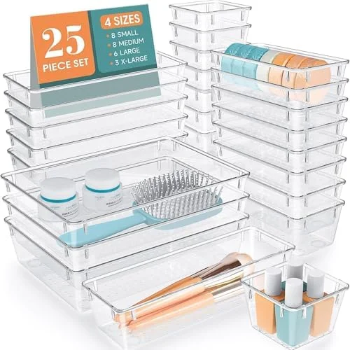 WOWBOX 25 PCS Clear Plastic Drawer Organizer Set, 4 Sizes Desk Drawer Divider Organizers and Storage Bins for Makeup, Jewelry, Gadgets for Kitchen