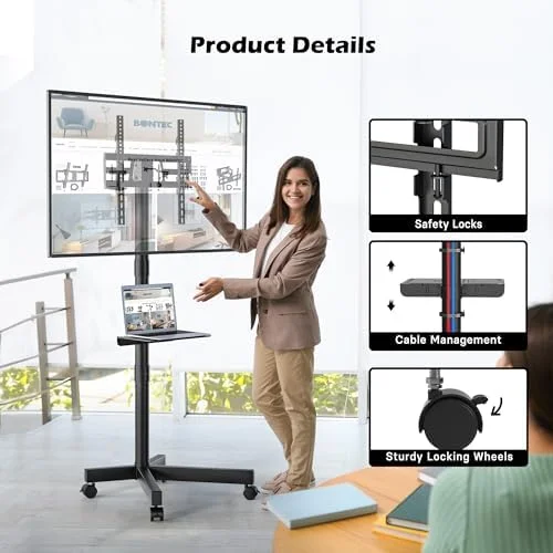 BONTEC Rolling TV Stand with Tilt, Mobile TV Stand Wheels for 23–65 Inch LED LCD TVs, Portable TV Cart with Adjustable Shelf for Living Room
