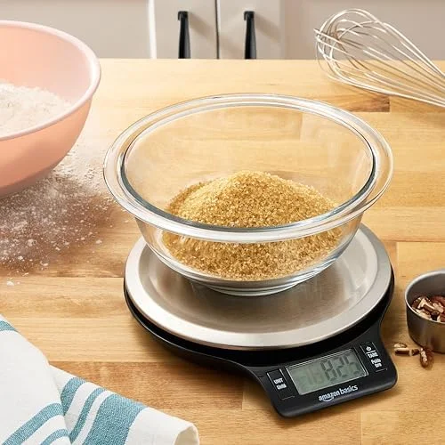 Amazon Basics Digital Kitchen Scale with LCD Display, Tare Function, Multiple Units, Weighs up to 11 Pounds, Batteries Included, Black and Stainless