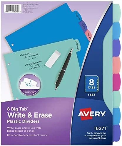 Avery Write & Erase Dividers for 3 Ring Binders - 8 Tabs per Set, Multicolor Big Tabs, Pastels, Binder Dividers Great for Organizing Reports