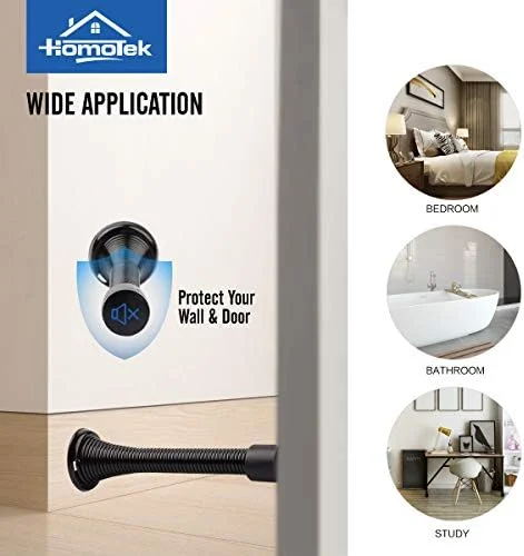 HOMOTEK 12 Pack Black Spring Door Stops, 3-1/8" Heavy Duty - Flexible Door Stopper with Low Mounted Black Rubber Bumper Tips