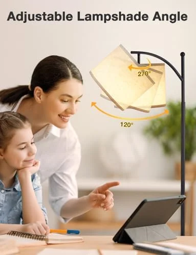 Ambimall Tall Floor Lamps with 3 Color Temperatures Bulb & Adjustable Linen Shade, for Living Room, Bedroom, Office, Classroom, Dorm Room (9W Bulb