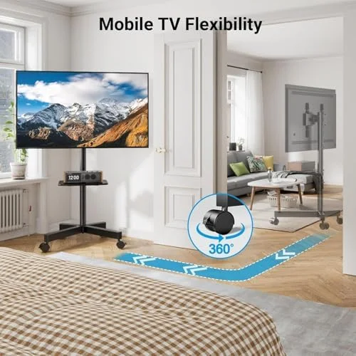 PERLESMITH Rolling TV Stand, Mobile TV Stand for 23-60 Inch LCD LED TVs, Tilt TV Stand Wheels Holds up to 88Lbs, Portable TV Stand for Bedroom with