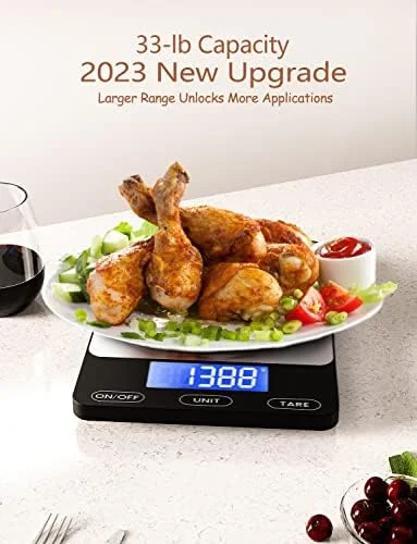Food Scale -33lb Digital Kitchen Scale for Food Ounces Grams Rechargeable 304 Stainless Steel - Batteries and Type-C Charging, Perfect for Meal Prep