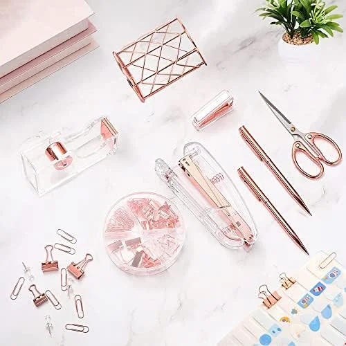 Famassi Rose Gold Desk Accessories，Office Supplies Set Acrylic Stapler Set Staple Remover - Tape Holder, 2 Ballpoint Pen, Scissor, Binder/Paper Clips