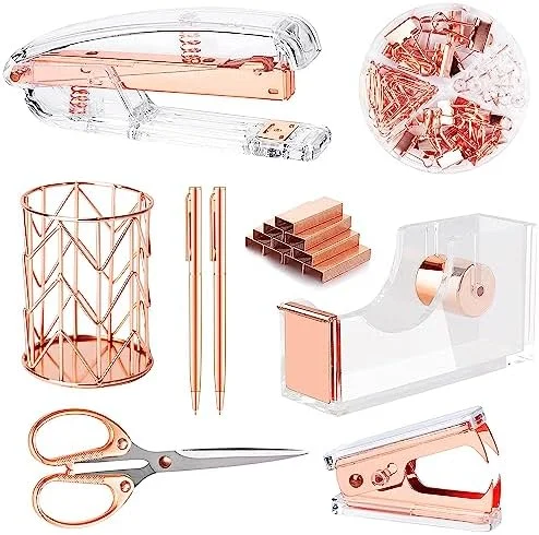 Famassi Rose Gold Desk Accessories，Office Supplies Set Acrylic Stapler Set Staple Remover - Tape Holder, 2 Ballpoint Pen, Scissor, Binder/Paper Clips