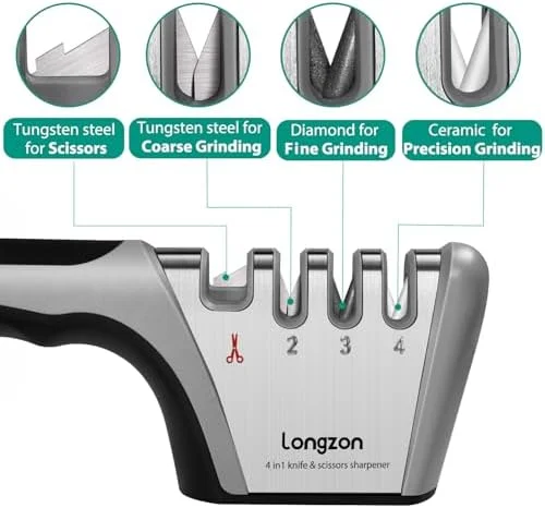 Longzon 5-in-1 Knife Sharpener 4 Stage with Cut-Resistant Glove, Quickly Sharpens & Restores Dull Blades, Easy & Safe for Home Kitchen Use, Fits Most