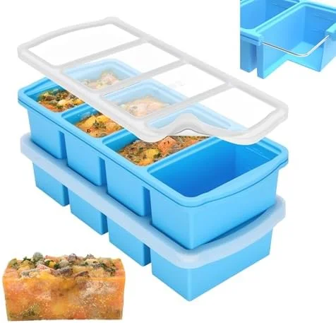 ZIP STANDING Silicone Freezer Trays with Lid, 1-cup Soup Freezer Container large Ice Cube Molds with Reinforced Steel Ring Top for freezing Soup