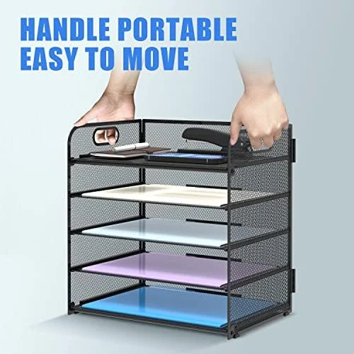 Supeasy 5 Trays Paper Organizer Letter Tray with Handle-Mesh Desk File Holders - Paper Sorter Desk Organizer for Office, Home, Classroom or School