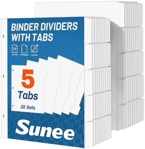 SUNEE Binder Dividers with Tabs for 3 Ring Binder, 8.5 x 11 Paper White Binder Dividers Blank with 5 Tabs, 20 Sets Page Dividers for School, Office
