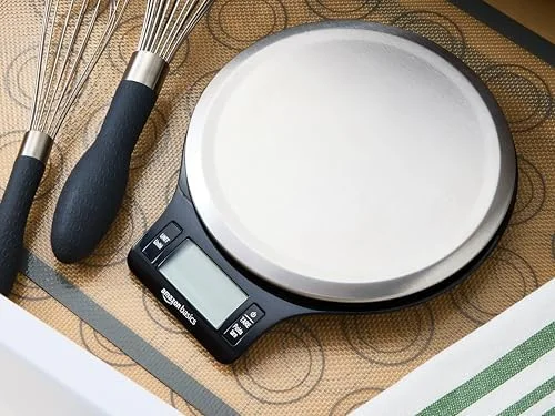Amazon Basics Digital Kitchen Scale with LCD Display, Tare Function, Multiple Units, Weighs up to 11 Pounds, Batteries Included, Black and Stainless