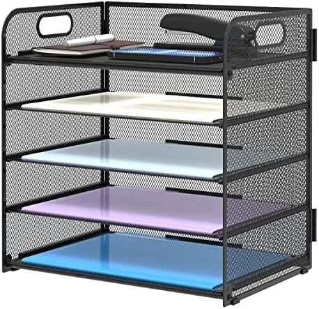 Supeasy 5 Trays Paper Organizer Letter Tray with Handle-Mesh Desk File Holders - Paper Sorter Desk Organizer for Office, Home, Classroom or School