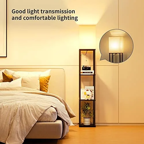 SUNMORY Floor Lamp with Shelves, Modern Square Standing Lamp with 3 Color Temperature Bulb, Corner Display Bookshelf Lamp for Living Room and