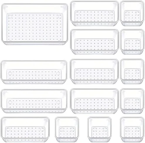 Manalete Drawer Organizers Set of 15, 4 Sizes Clear Plastic Drawer Organizers and Storage Bins for Kitchen, Bathroom, Office, Dresser Desk Drawer
