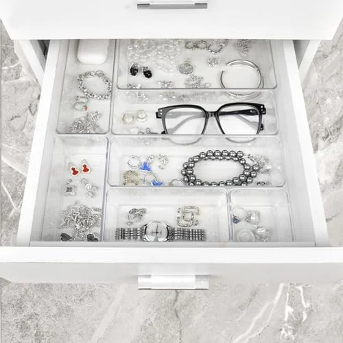 Manalete Drawer Organizers Set of 15, 4 Sizes Clear Plastic Drawer Organizers and Storage Bins for Kitchen, Bathroom, Office, Dresser Desk Drawer