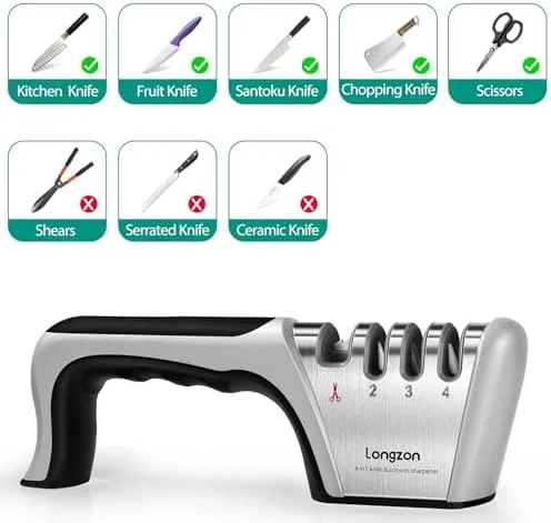 Longzon 5-in-1 Knife Sharpener 4 Stage with Cut-Resistant Glove, Quickly Sharpens & Restores Dull Blades, Easy & Safe for Home Kitchen Use, Fits Most