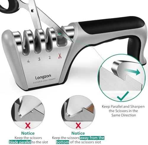 Longzon 5-in-1 Knife Sharpener 4 Stage with Cut-Resistant Glove, Quickly Sharpens & Restores Dull Blades, Easy & Safe for Home Kitchen Use, Fits Most