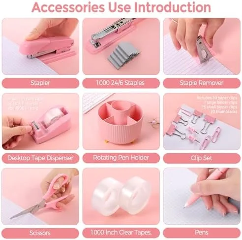 SKYDUE Pink Desk Accessories 10Pcs, Rotating Pen Holder for Desk, Stapler, Staple Remover, Tape Dispenser, 2pcs Tape Refills, Binder Paper Clips Kit