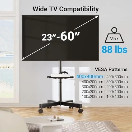 PERLESMITH Rolling TV Stand, Mobile TV Stand for 23-60 Inch LCD LED TVs, Tilt TV Stand Wheels Holds up to 88Lbs, Portable TV Stand for Bedroom with