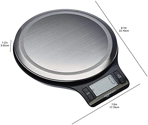 Amazon Basics Digital Kitchen Scale with LCD Display, Tare Function, Multiple Units, Weighs up to 11 Pounds, Batteries Included, Black and Stainless