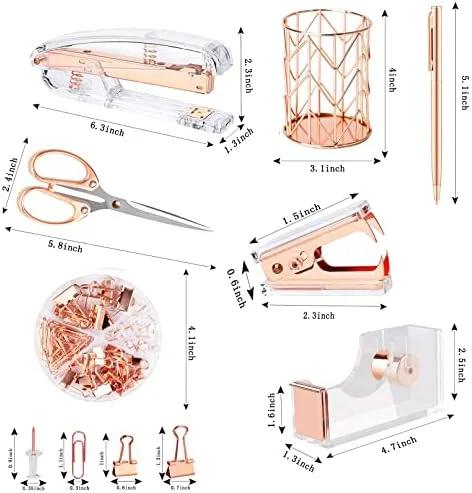 Famassi Rose Gold Desk Accessories，Office Supplies Set Acrylic Stapler Set Staple Remover - Tape Holder, 2 Ballpoint Pen, Scissor, Binder/Paper Clips